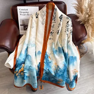 Elegant retro Chinese style landscape silk scarf shawl for women summer sun protection