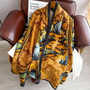 Luxurious retro baroque style long silk scarf, elegant sun protection shawl with golden print.