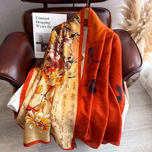 Vintage style long silk scarf with artistic floral and Chinese calligraphy print for women.
