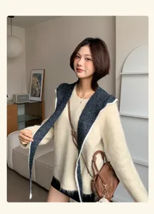 Women knit sweater with hoodie scarf stylish solid color casual autumn warm apparel top wear