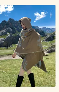 Cape châle tricotée à capuche ethnique pour femmes hiver chaud voyage en plein air