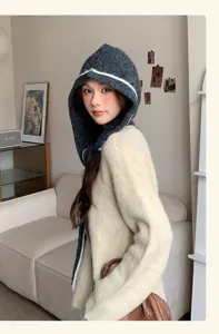 Detailed view of the women's solid color polyester hooded balaclava, cozy winter warm hat.