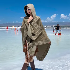 Mujer Acrílico Étnico Geométrico Llave Griega Chal De Punto Capa Otoño Invierno Cálido Poncho Abierto Delantero Flecos Borla Capa Abrigo
