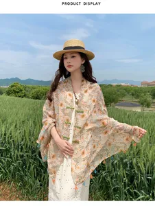 Chinese style double-layer frog button silk scarf shawl for women summer air conditioning room