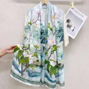 New Chinese Style Floral Print Silk Scarf Women Lightweight Hollow Cut Long Shawl Sun Protection Elegant Neck Scarf