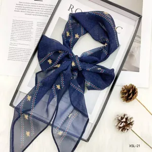 Dark blue georgette rhombus scarf with cute bee print, lightweight stylish summer neck ribbon.