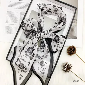Black and white floral chiffon ribbon scarf, elegant diamond neckerchief for stylish summer wear.