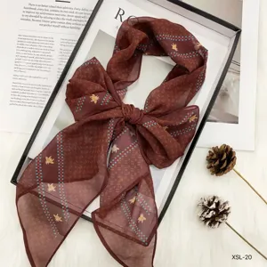 Chic brown georgette long rhombus silk scarf with cute bee prints, stylish summer neck ribbon.