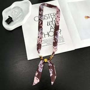 Summer retro floral silk scarf necklace with wooden beads, versatile chic neck tie accessory.