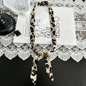 Vintage Leopard Print Silk Scarf Necklace with Wooden Beads Chic Sweater Chain Jewelry