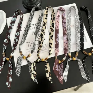 Vintage fabric ribbon silk scarf necklace with wooden beads for women chic fashion accessory