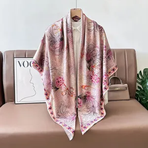 Vintage 140cm double-sided silk scarf, elegant Chinese style floral print shawl for women.