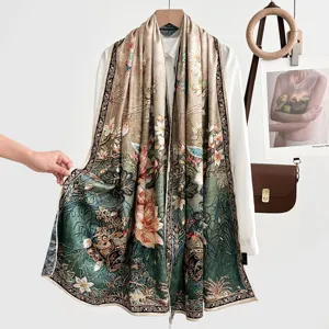Vintage floral silk scarf for women, elegant double-sided printed long wrap shawl.