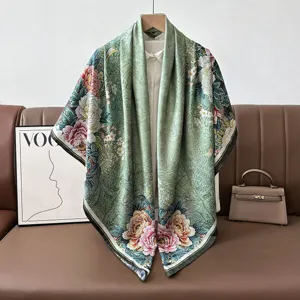 Retro vintage green floral large square silk scarf shawl for women luxury elegant style design.