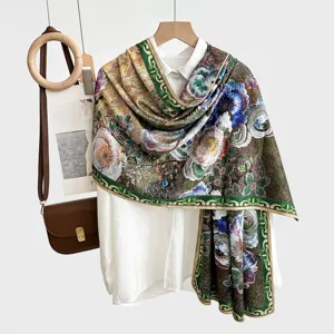 Vintage floral printed silk scarf for women with elegant rolled edges and double-sided design.