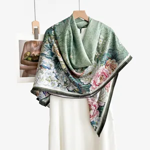 Retro floral silk square scarf 140cm large elegant shawl Chinese style double-sided design.