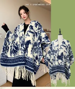 Women vintage horse pattern fringe cape shawl autumn winter warm fashion cozy outerwear.