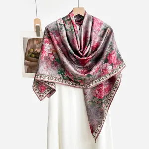 Exquisite 140cm vintage floral silk scarf with hand-rolled edges, elegant new Chinese shawl.