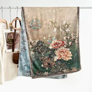 Retro floral printed silk scarf women double-sided vintage shawl handmade rolled edge wrap