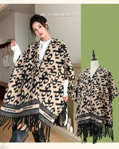 Stylish women's autumn winter thick warm shawl cloak vintage monogram print casual wrap scarf