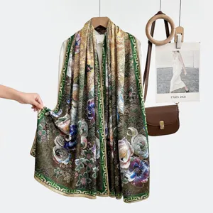 Vintage floral silk scarf for women, elegant long double-sided printed wrap for daily casual wear.