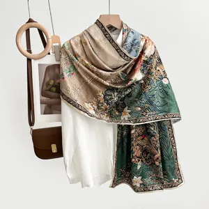 Women's Vintage Floral Print Satin Scarf Double Sided Reversible Long Shawl Hand Rolled Hem Fashion Silk Feel Scarf
