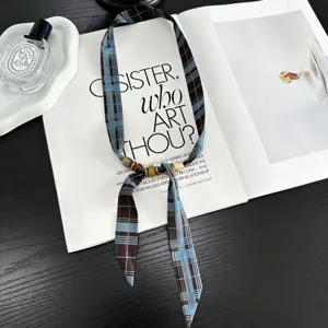 Vintage blue plaid ribbon necklace with wooden beads, chic neck tie fashion accessory.