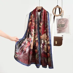 Vintage Chinese style printed silk scarf for women, elegant retro floral shawl design.