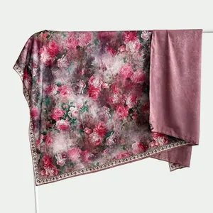 Vintage 140cm silk large square scarf with retro floral print and elegant handmade edges.