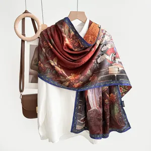 Vintage Chinese style silk scarf with elegant floral and figure print, versatile accessory.