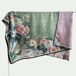 Vintage Chinese style double-sided silk square scarf featuring elegant floral and bird pattern.