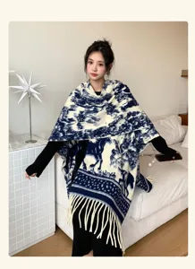 Luxury blue and white printed knitted shawl thick warm winter scarf for women fashion style