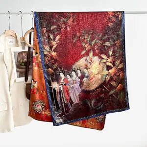 Vintage Chinese style printed silk scarf, double-sided floral and classical figure design.