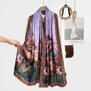 Vintage floral print silk scarf detail, elegant double-sided design for women outer wear.