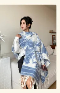 Stylish blue and white patterned women's long shawl scarf thick warm winter fashion accessory