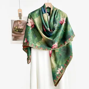Retro Chinese style silk scarf 140cm large square lotus print elegant shawl for women