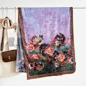 Vintage floral print silk scarf for women, elegant long draped shawl with exquisite rolled edges.