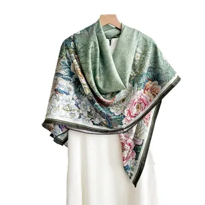 Retro Chinese style double-sided large square silk scarf with floral print and elegant shawl.