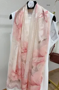 Women pink floral print long silk scarf summer travel sun protection shawl gift idea