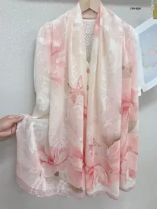 Pink floral printed long scarf shawl, lightweight sun protection fabric detail view.