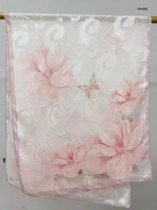 Detailed view of women pink floral sheer scarf fabric showing delicate butterfly print texture.