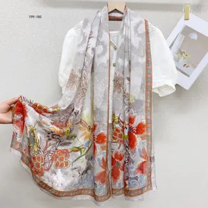 Women Floral Printed Satin Scarf Lightweight Long Shawl Sun Protection Beach Scarf For Travel Daily Gift