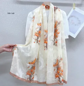 Detailed view of traditional Chinese style persimmon pattern lightweight breathable silk scarf.