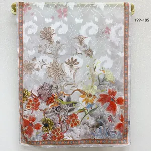 Detailed view of the vintage floral printed long silk scarf, perfect for spring and summer.