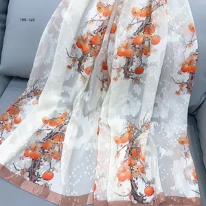 Chinese vintage style silk scarf ribbon with elegant persimmon fruit tree print for women.