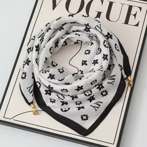 Chic black and white printed square scarf with stylish magnetic clasp for women.