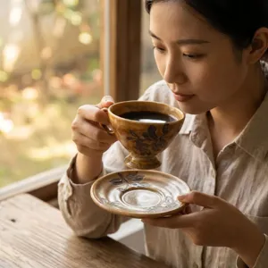 Set tazza e piattino da caffè in ceramica artigianale retrò con motivo a foglia dettagli.