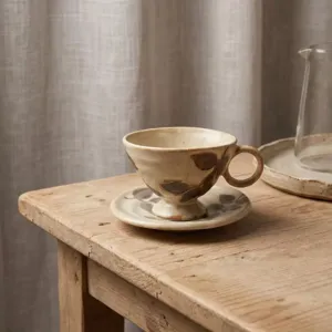 Dettaglio tazza da caffè e piattino in ceramica rustica, stile vintage per il tè.