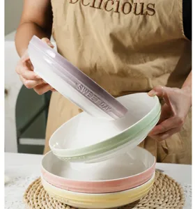 Simple high aesthetic ceramic tableware set pastel color plates and bowls for home kitchen.