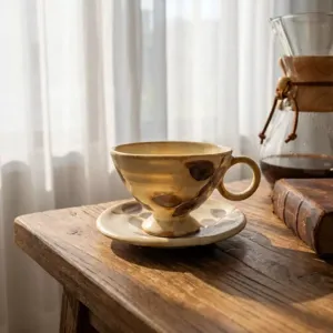 Set tazza e piattino da caffè in ceramica rustica vintage, dettaglio tazza artigianale